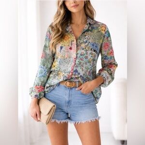 Johnny Was Women's Multicolor Floral Silk Patchwork Button Down Blouse PM